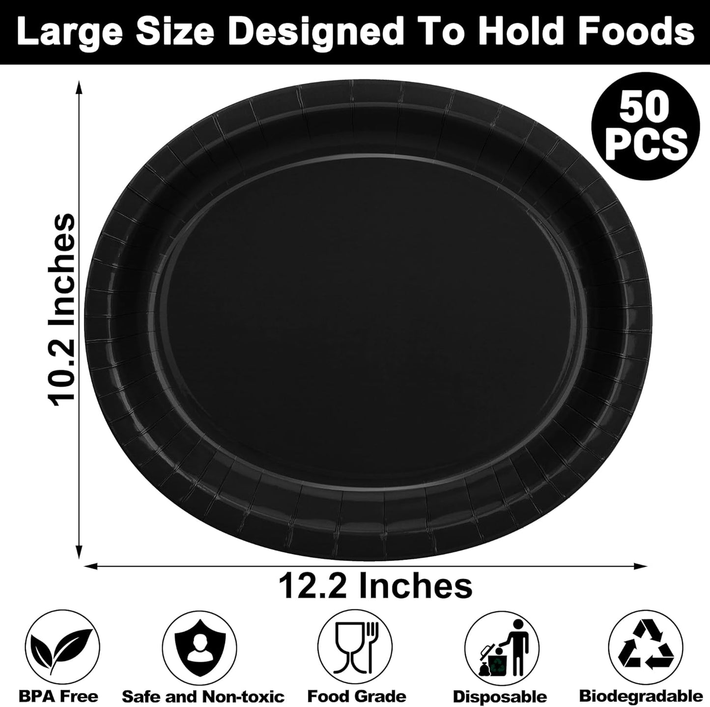 QZYL 50 Count Black Large Paper Plates, 12.2'' X 10.2'' Oval Disposable Plates, Daily Heavy Duty Dinnerware Party Decorations for Birthday Wedding Formal Dinner Holiday