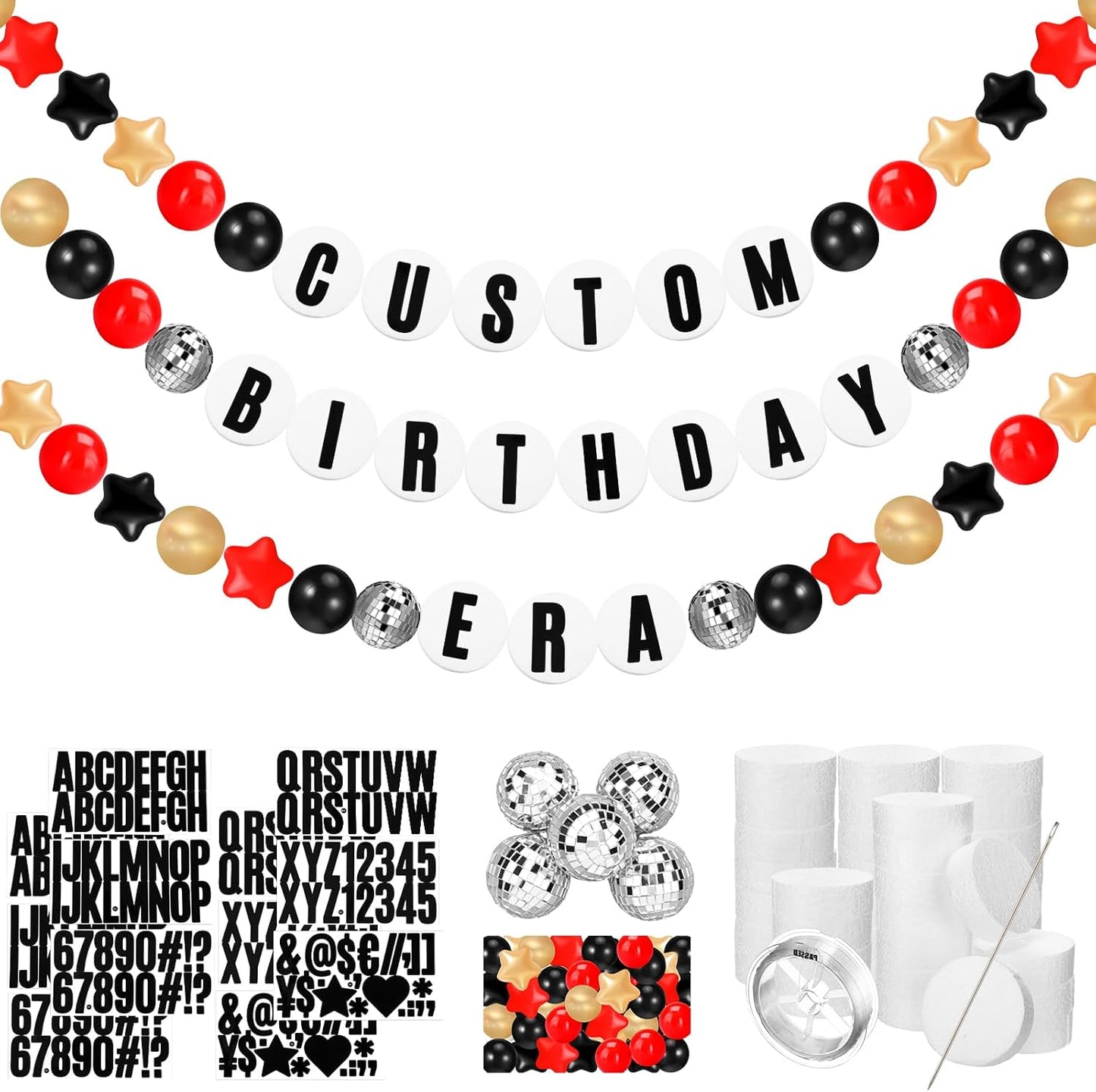 Giant Friendship Bracelet Garland Kit, DIY Birthday Banner with Letters Ball Jumbo Customizable Friendship Bracelet Decor for Halloween Christmas Wedding Party(Black, Gold, Red)