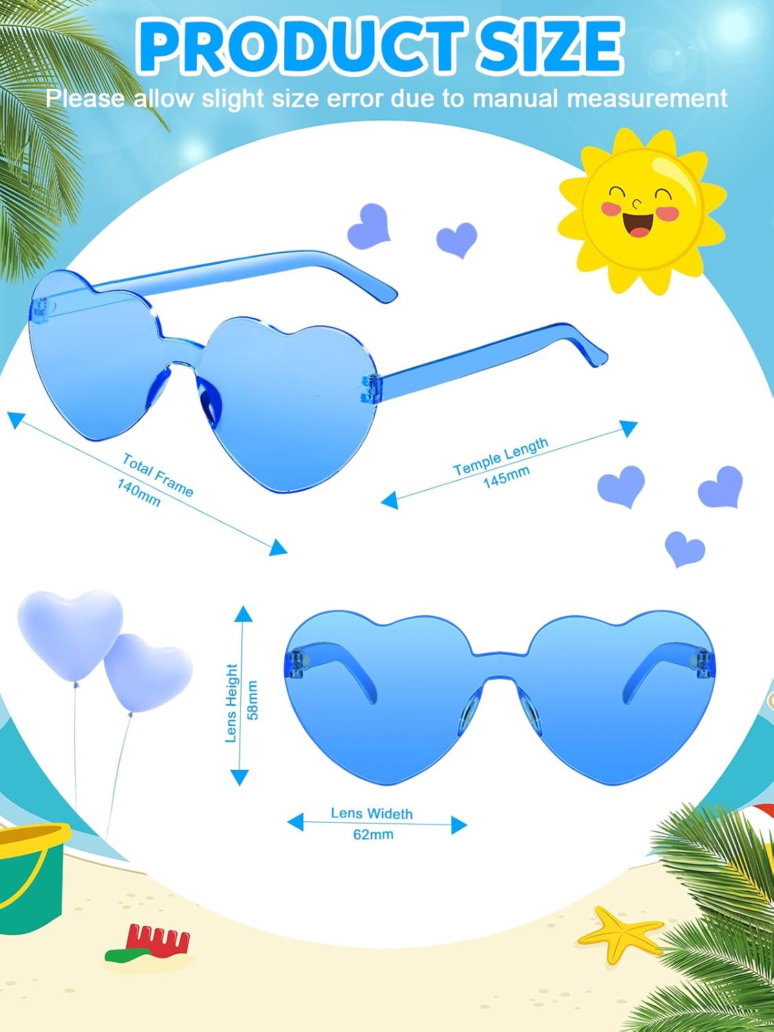 12 Pairs Heart Shaped Sunglasses for Women Colorful Glasses Fun Trendy Transparent Heart Sunglasses Party Favor (1 Pair-Blue)