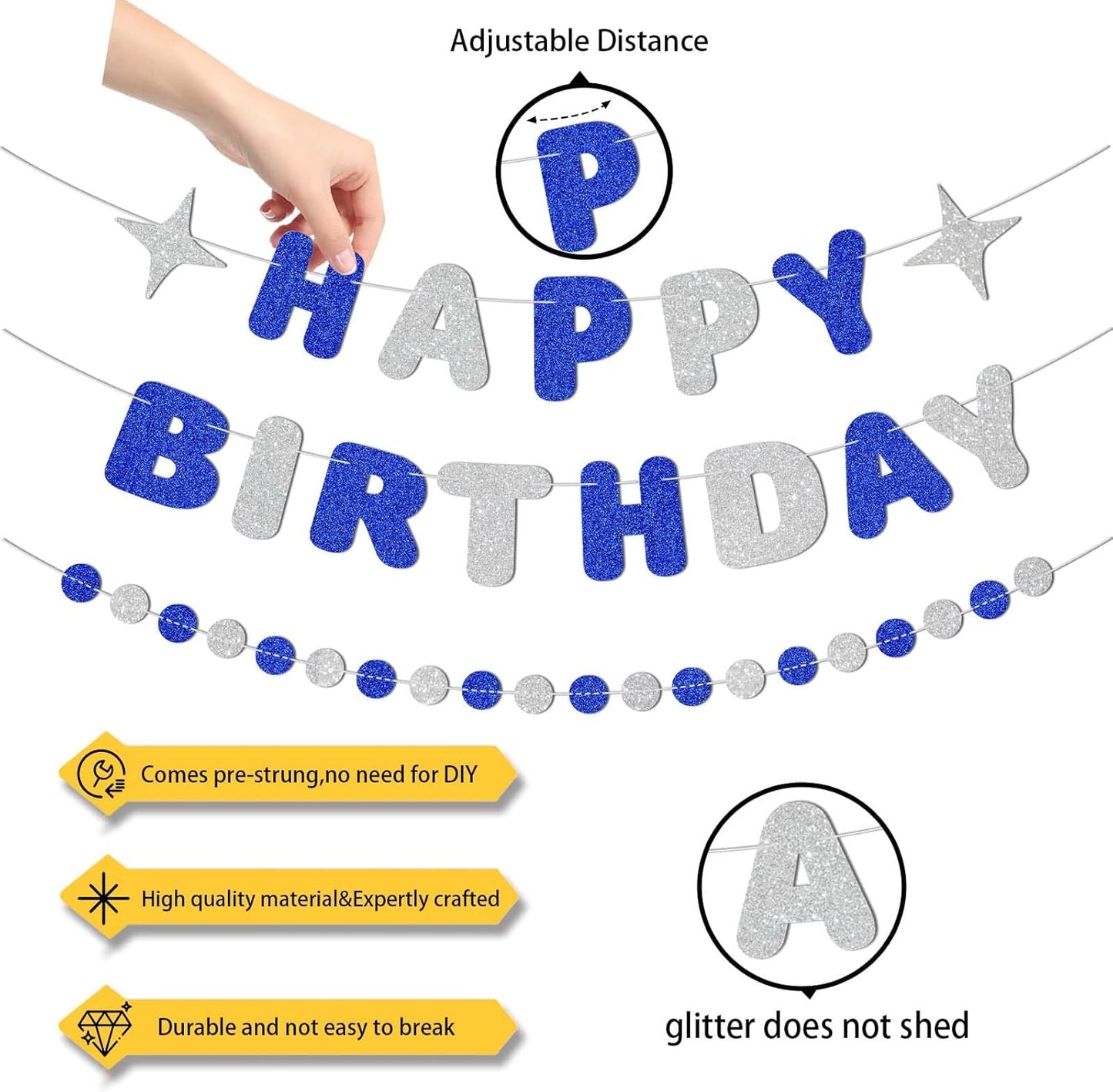 Royal Blue and Silver Happy Birthday Banner-Happy Birthday Decorations for Boys Men,Glitter Garland Sign for 6st 10st 13st 17st Blue Party Decor,Bday Backdrop Supplies