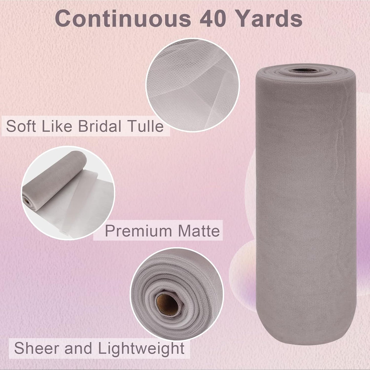 Grey Tulle Fabric Roll Spool Bolt (54 Inch by 40 Yards) Large Tulle Wedding Party Decoration, Tutu Skirt, Table Runner, Gift Wrapping, Bridal Shower, Soft & Drape (Gray)