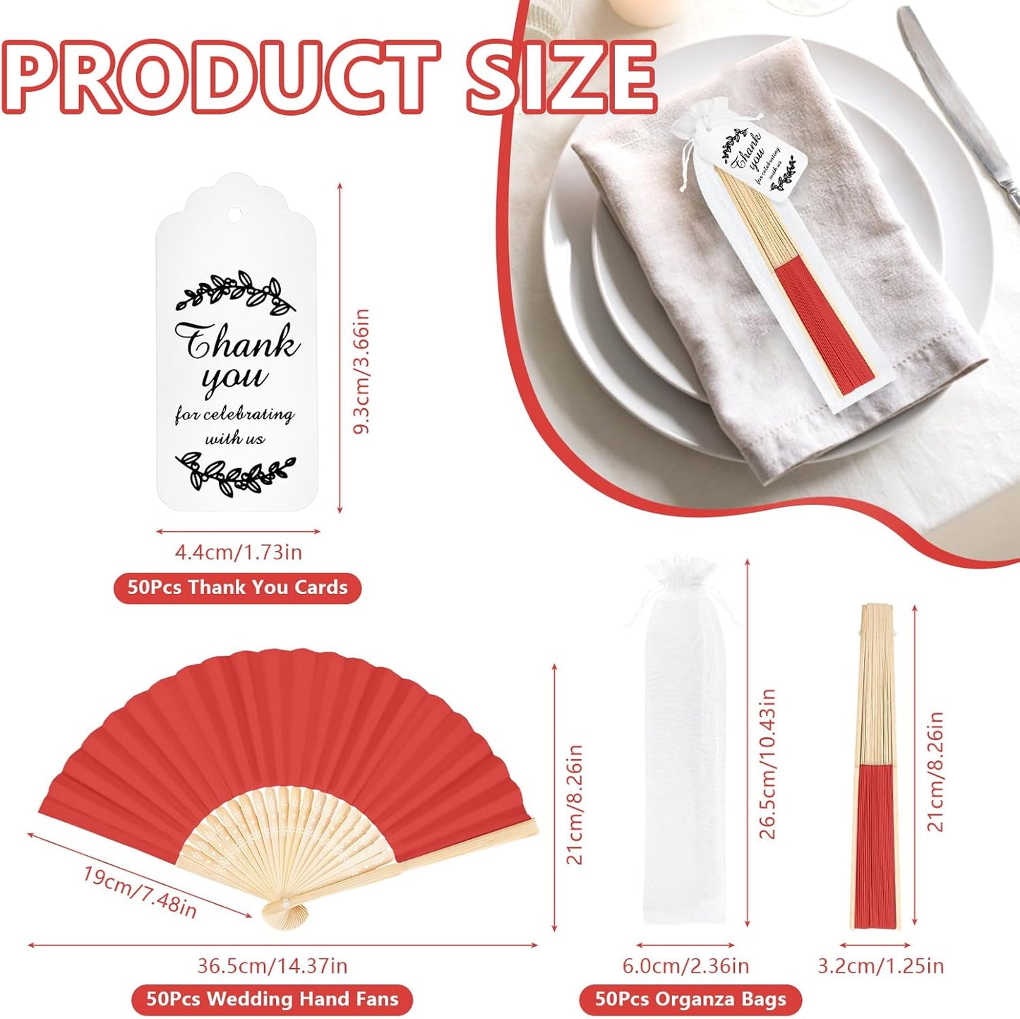 50Set Wedding Hand Fans Party Favors Red Paper Folding Handheld Fans Bulk, DIY Bamboo Fans with Thank Tag Organza Bag for Guests Bridal Dancing Props Church Decoation