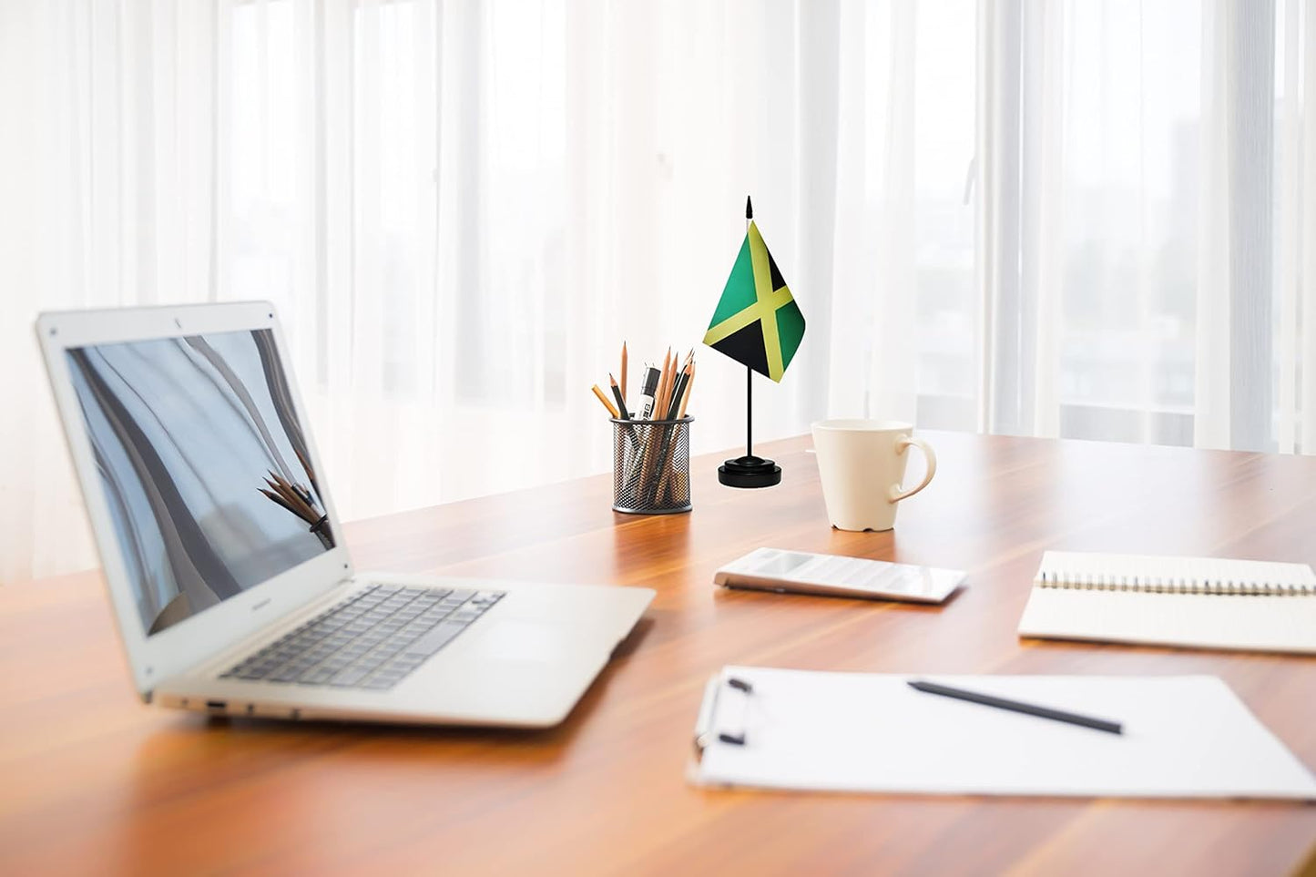 Jamaica Jamaican Deluxe Desk Flag Set, Small Mini Miniature Jamaica Jamaican Table Desktop Flags With Solid Pole, Black Base and Spear Top(2 Pack)