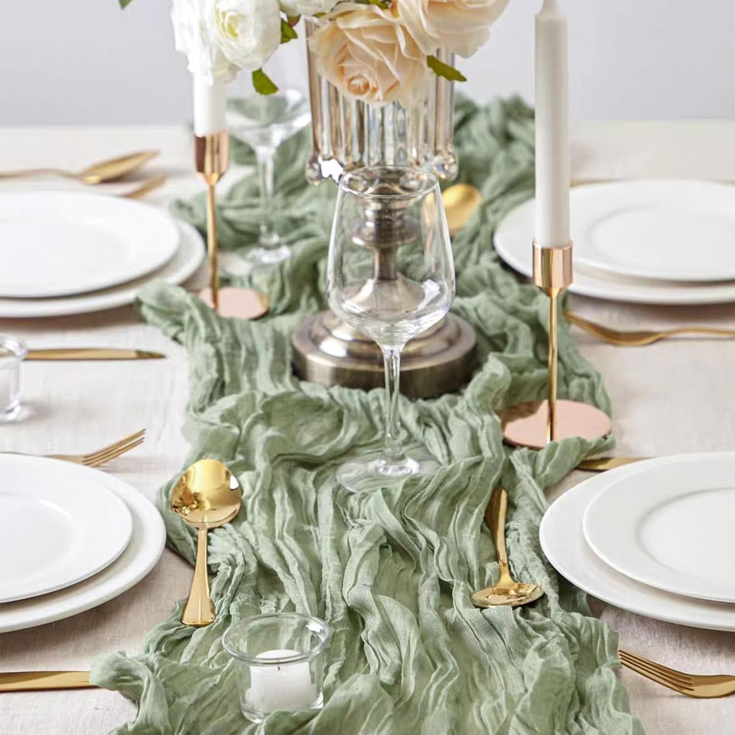 8 Pack 10Ft Sage Green Cheesecloth Table Runner 35x120 inch Boho Gauze Cheese ClothsTable Runners Long Wrinkled Sheer Romantic Table Runner for Wedding Bridal Shower Birthday Party Table Decor