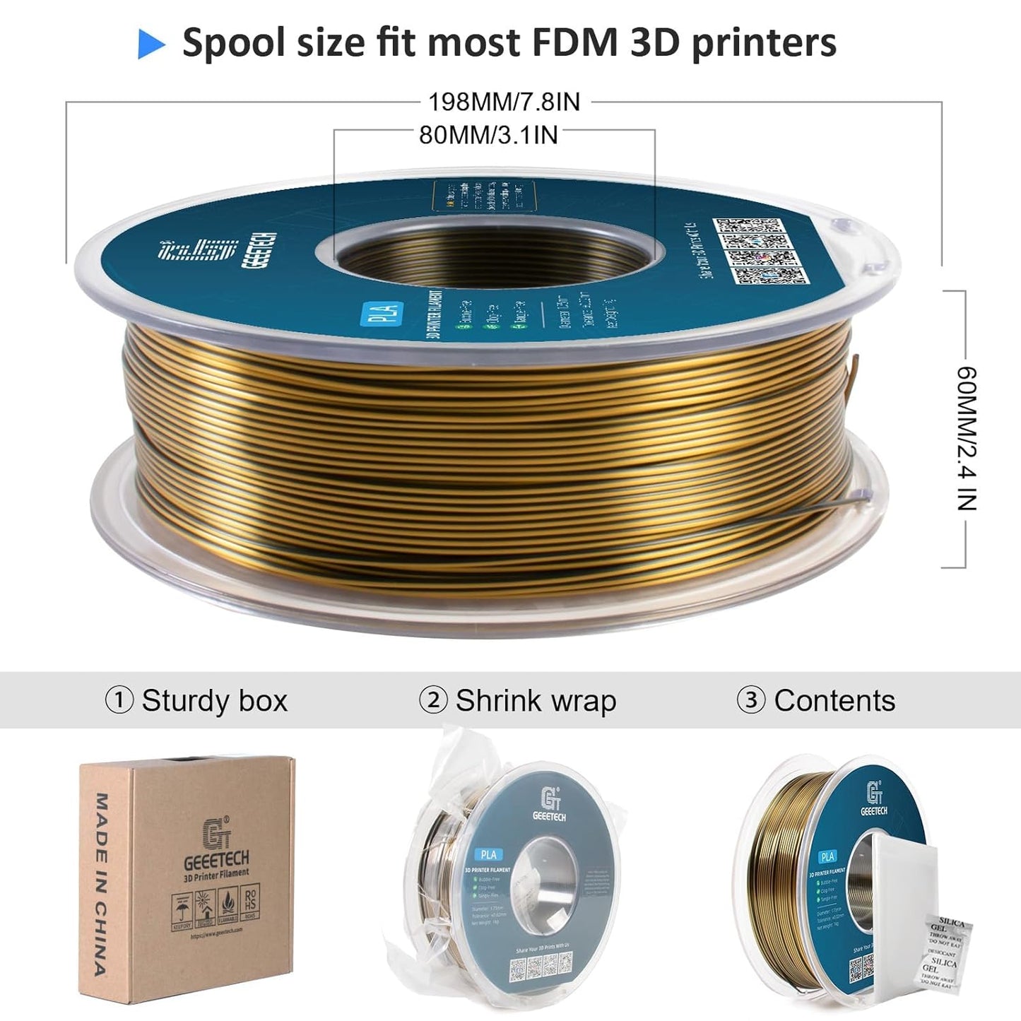 Geeetech Silk PLA Filament 1.75mm Silk Dual Color Filament, Coextrusion Dichromatic Metal-Like Shiny Consumable 1kg (2.2lbs) 1 Spool, Dimensional Accuracy +/- 0.02 mm, Gold Black