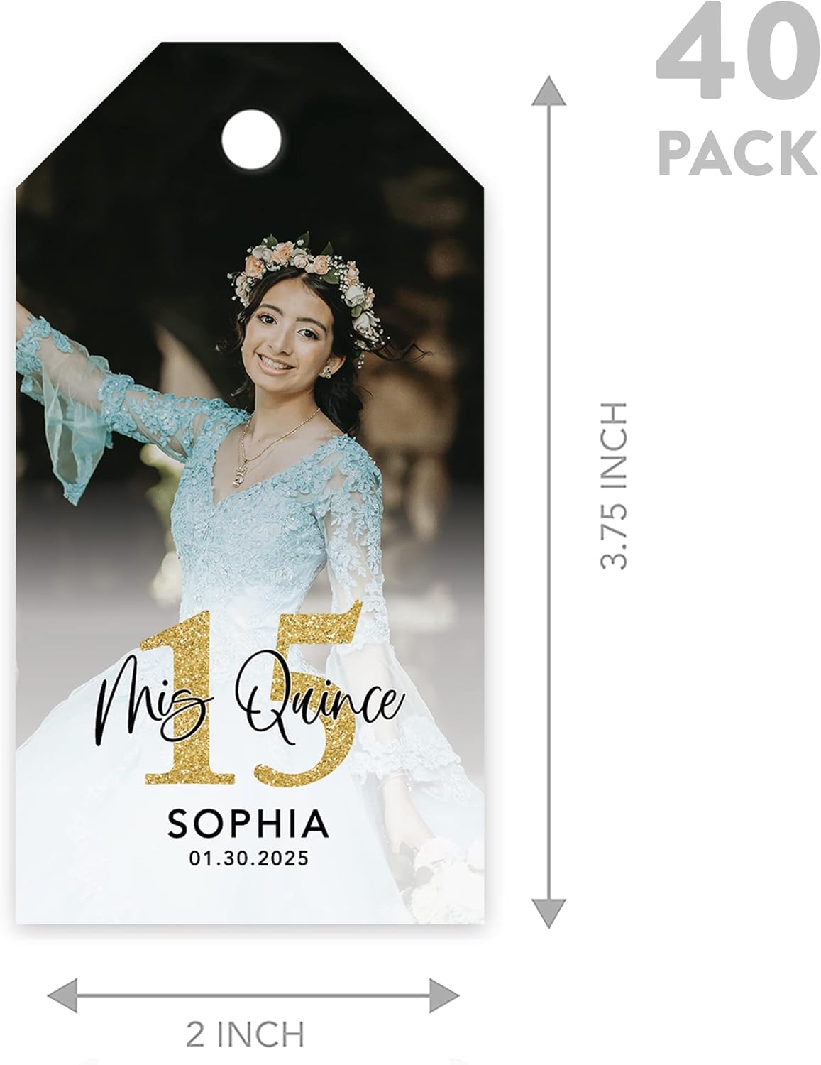 Andaz Press 40-Pack Personalized Quinceañera Favor Tags with String, Classic Gift Tags Mis Quince with Custom Photo for Quince Años, XV, 15th Birthday, Favor Gifts, Quinceanera Decorations