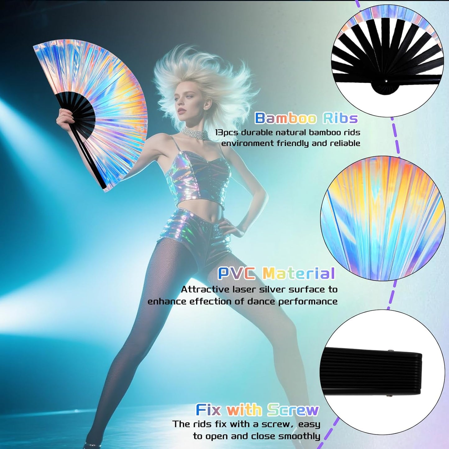 2pcs Rave Fans with Holsters 13 inches Large Folding Fan for Line Dancing Holographic Laser Clacks Fan Popping Fans for Music Festival Outfits Party Club Home Decoration