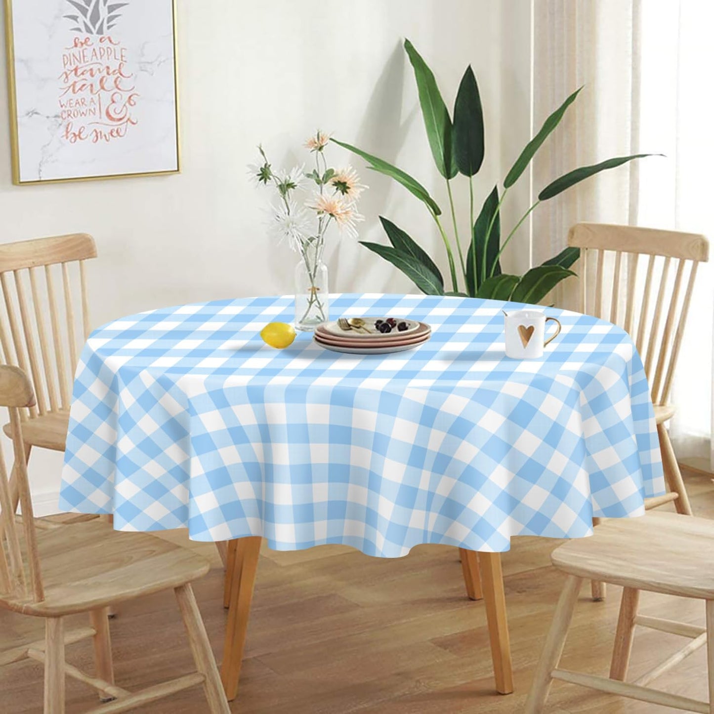 QIKSION Blue Gingham Round Tablecloth 2 Pack, 84 Inch Plastic Checkered Table Cover Disposable for Parties