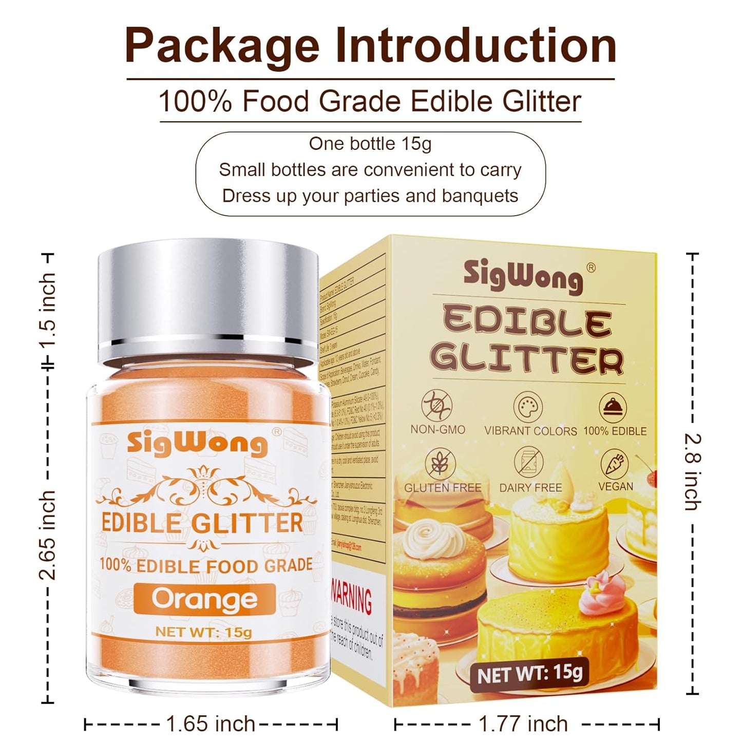 Orange Edible Glitter - 15g Food Grade Luster Dust Powder, Cake Decorating Sprinkle Glimmery Dust for Drinks, Wine, Fondant, Chocolate, Candy, Cookie, Vegan