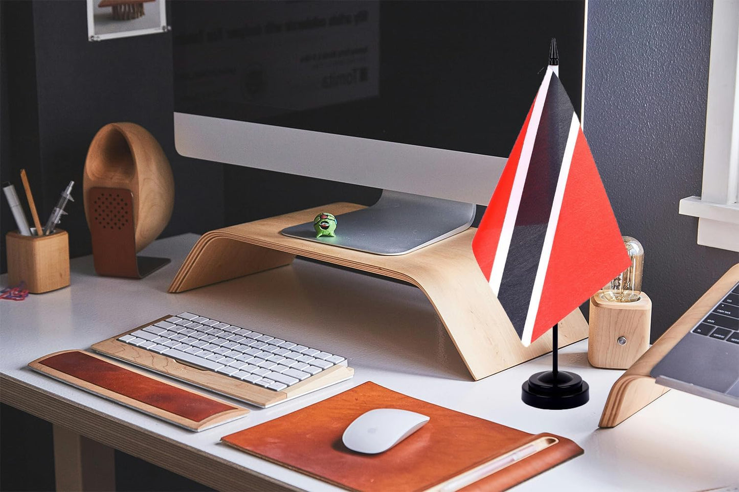 WXTWK 2 Pack Trinidad Flag Trinidad Deluxe Desk Flag Set - Mini Small Trinidad and Tobago Table Office Flags with Black 12" Solid Pole Stand Base Classroom Meeting Desktop Decorations