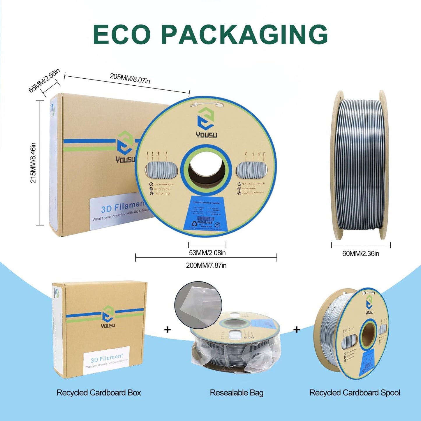 YOUSU Black White PLA Filament Coextrusion, PLA Filament Multicolor, 3D Printer Filament 1kg, Color Change Filament.