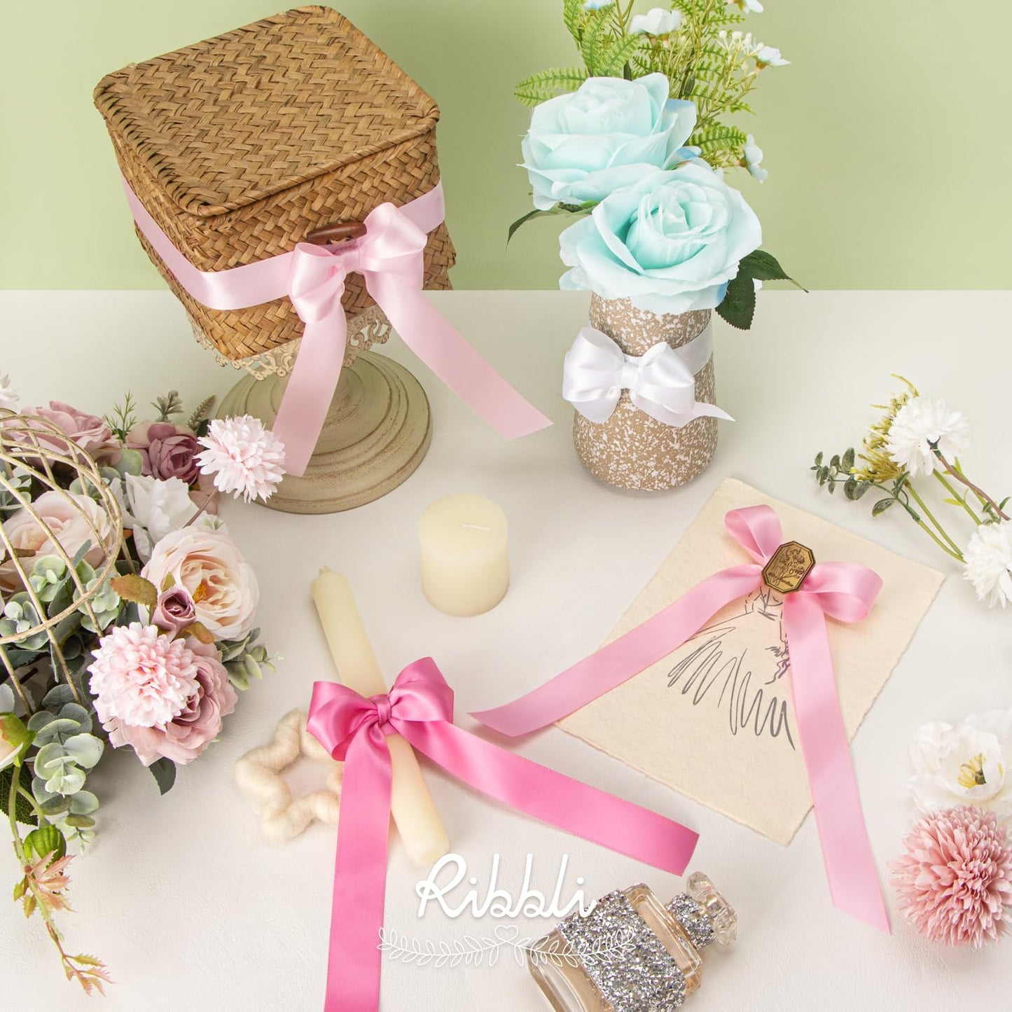 Ribbli Satin Ribbon 1 Inch x 4 Rolls Total 40 Yards - White/Light Pink/Hot Pink for Gift Wrapping, Craft, Wedding Decoration