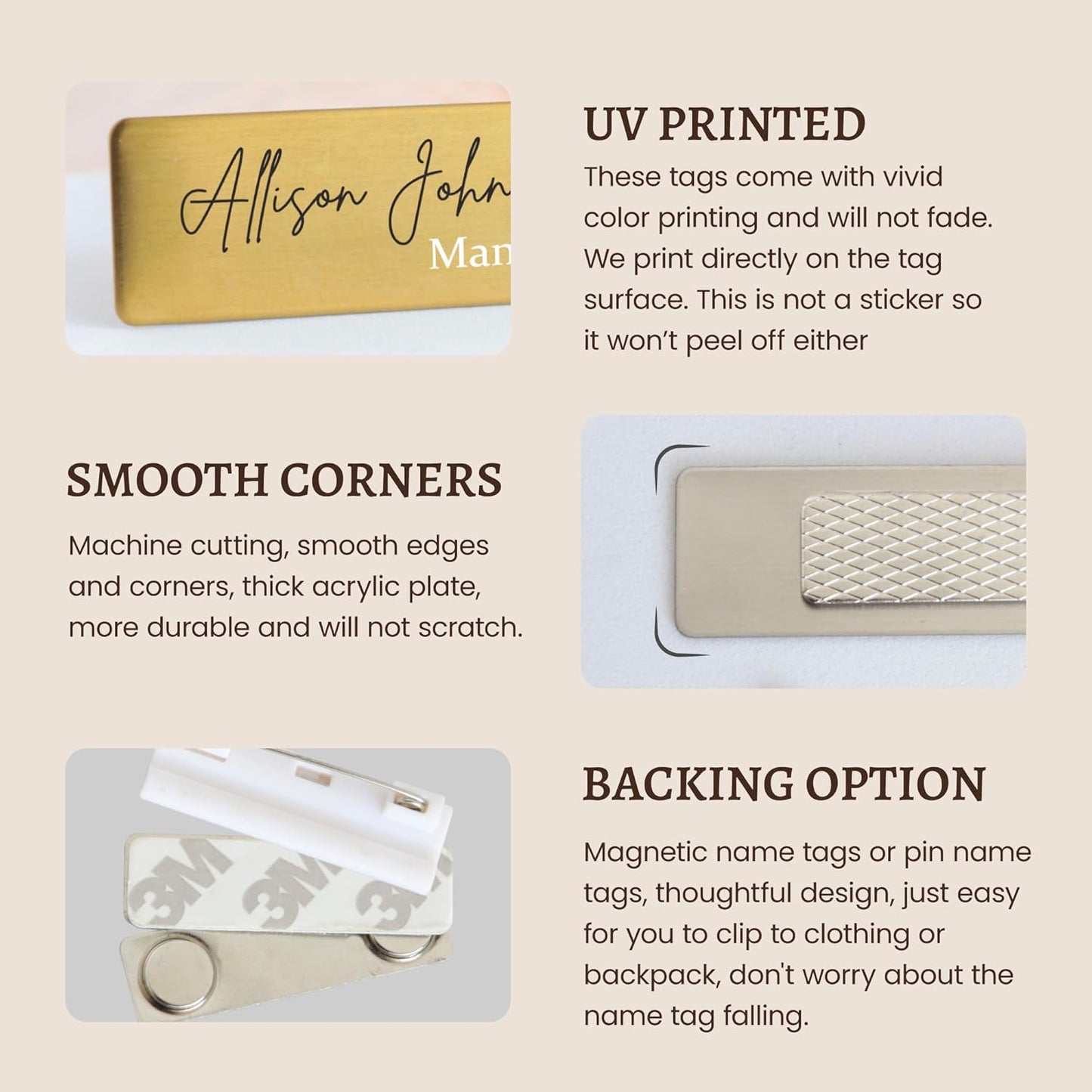 Personalized Name Tag Badges Identification Customized with Text & Logos, Acrylic Name ID for Clothing with Pin or Magnetic Backing, Gold & Silver Plates for Business or Employees (Your own Design)