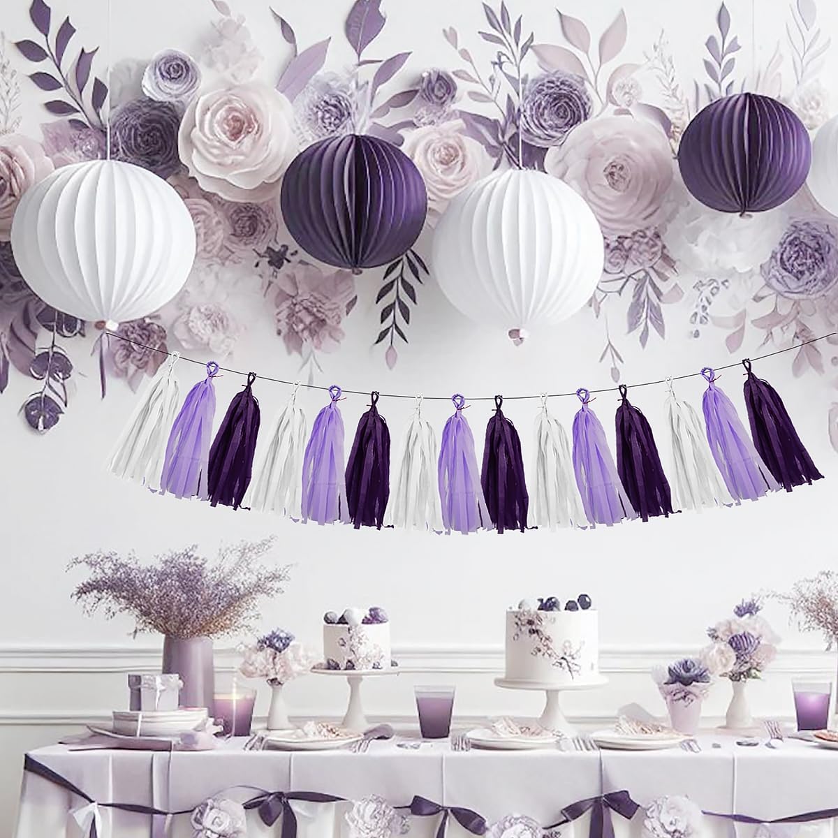White Purple Party Decorations - 15Pcs Tissue Paper Tassel Garland Birthday Decorations Valentines Day Baby Girl Shower Women Bridal Wedding Engagement Bachelorette Graduation Hanging Decor