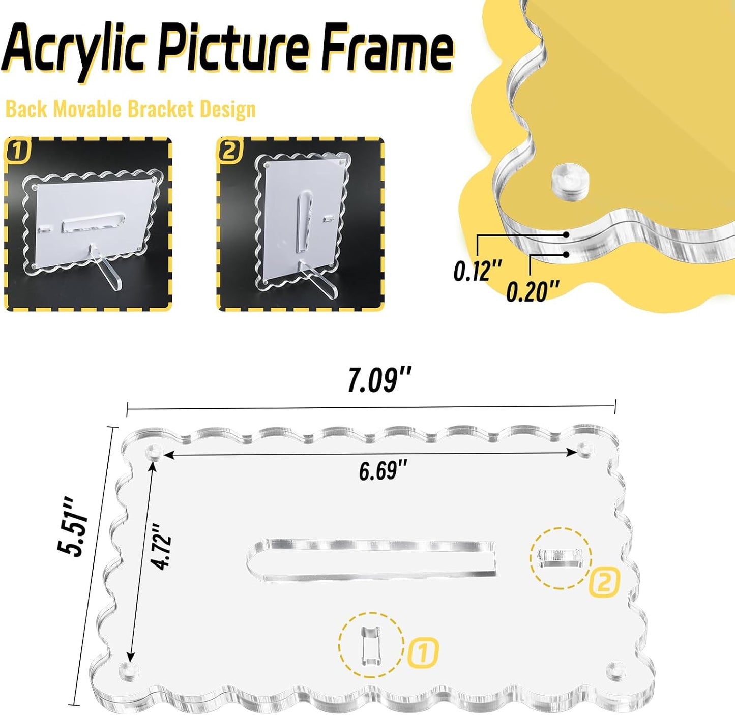 3 Pack Acrylic Picture Frames 4x6 Scalloped with Detachable Brackets, Vertical and Horizontal Tabletop Display, Clear Magnetic Photo Frames for Home/Family/Party/Wedding