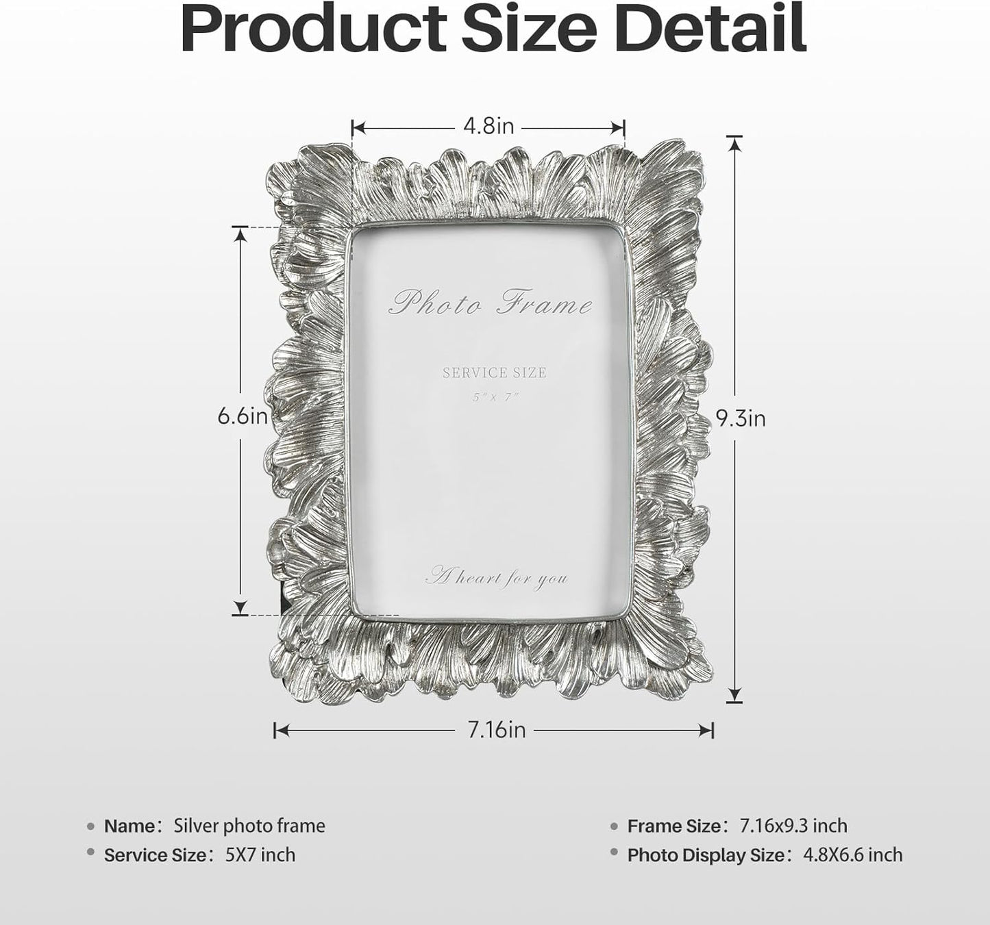 Silver 5x7 Picture Frame, Vintage Silver Palm Leaves Textured Hand-Crafted Resin with Glass Front Elegant Retro Vintage Rustic Design Photo Frame for Wall and Tabletop Display Home Decor