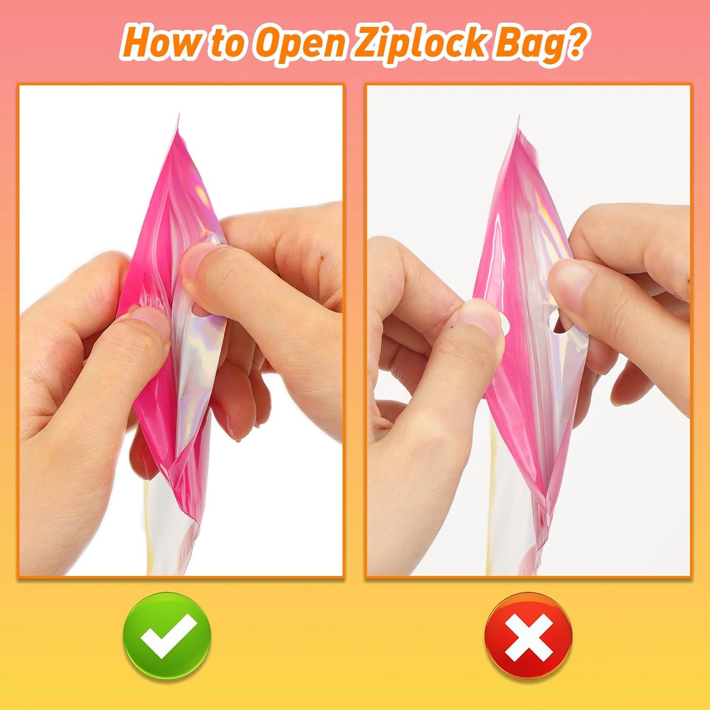 Funfery 100 Pack Gradient Holographic Bags,Mylar Resealable Bags with Zipper,Clear Window Packaging Pouchs,Smell Proof Bag for Food Storage,Sample Jewelry Bag(6.3x9.4In,Hot Pink Orange)