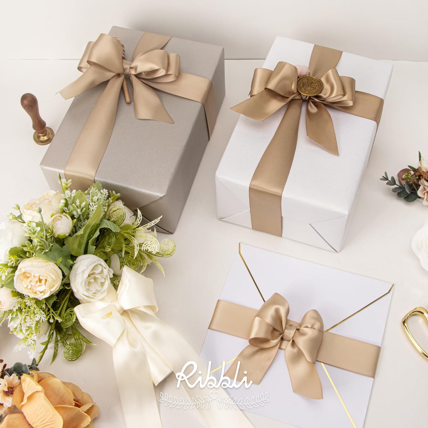 Ribbli Champagne Satin Ribbon 1-1/2 Inch x 4 Rolls Total 40 Yards-Ivory Champagne Purple Ribbon for Gift Wrapping Craft Wedding Decoration