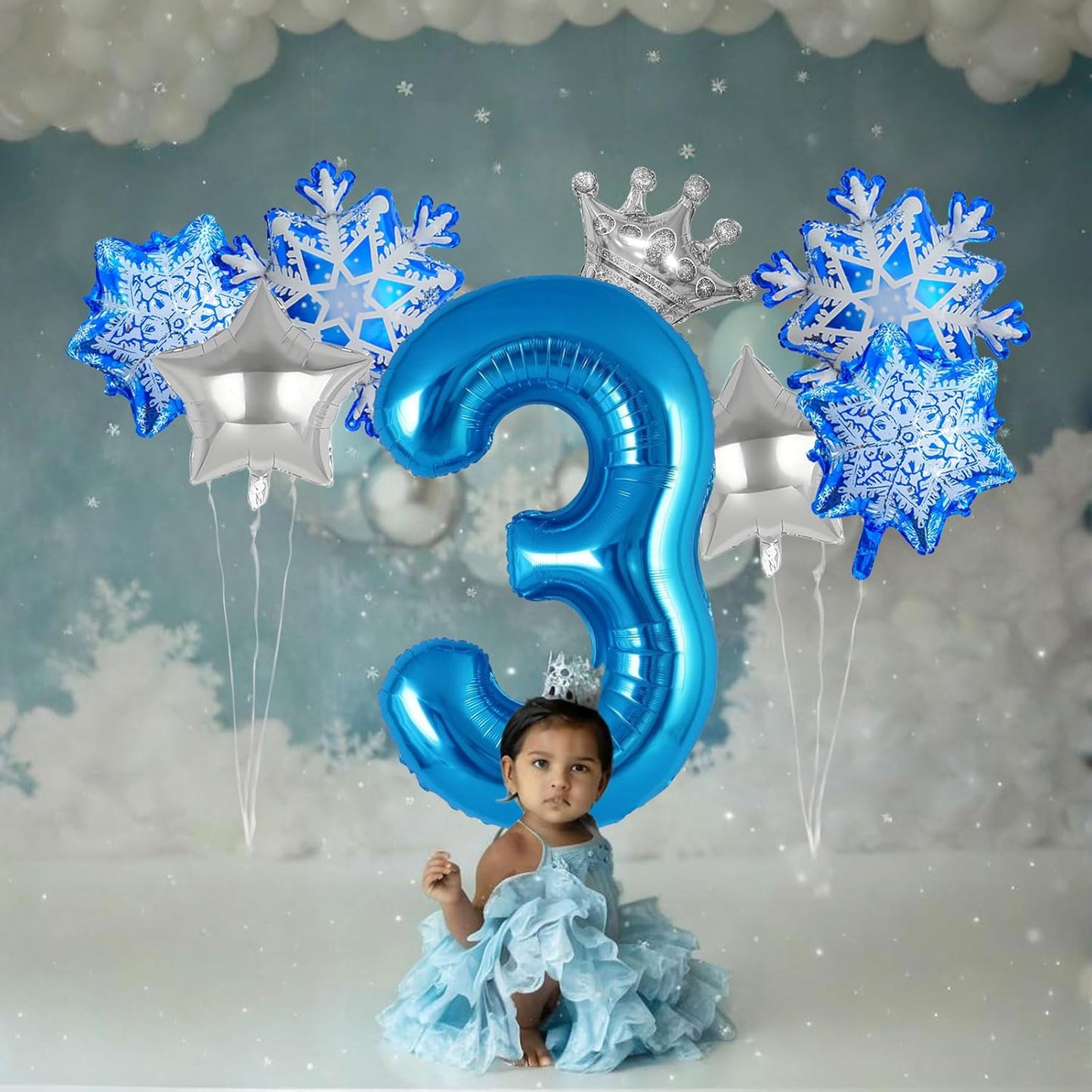 8Pcs Winter Wonderland Decorations - 40inch Blue Number 3 Balloons - Snowflake Foil Balloons for Winter Birthday Decorations - Party Supplies