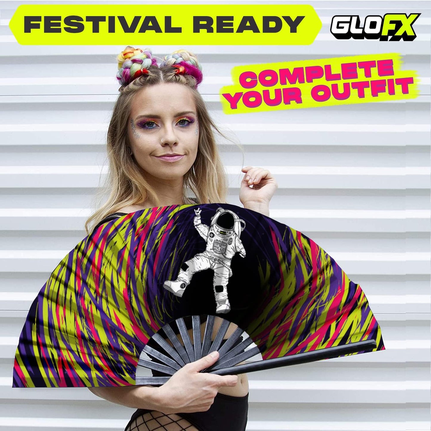 GloFX Rave Fan - Spaced Out Astronaut - Large Folding Fan - Music Festival Essential, EDM Rave Accessories, Folding Hand Fan, Clack Fan
