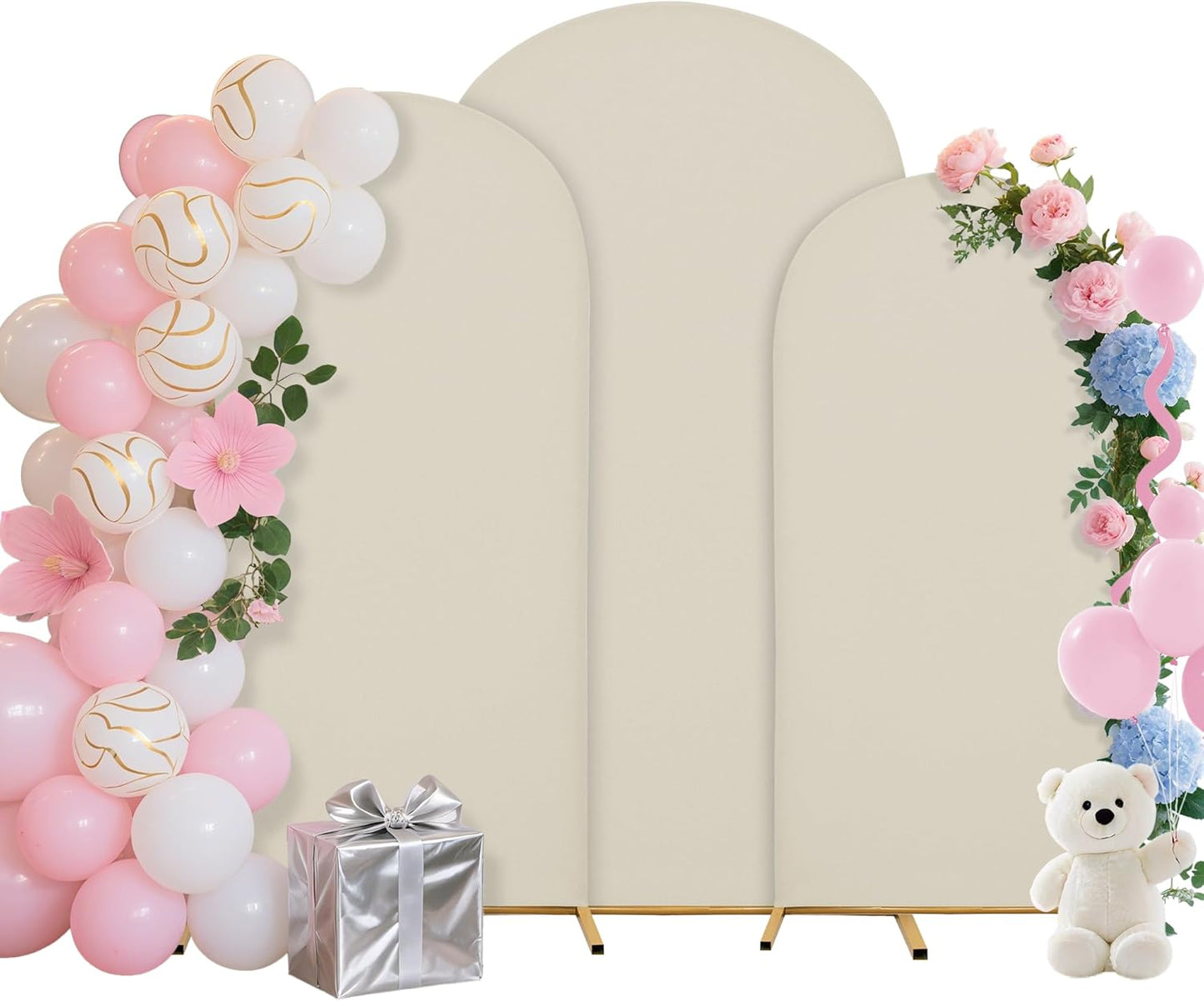 Wedding Arch Covers Arch Backdrop Cover Arch Stand Covers 7.2FT 6.6FT 6FT Set 3 Arch Cover Spandex Fabric Stretchy Backdrop for Wedding Birthday Party Decoration Baby Shower (Off-White)