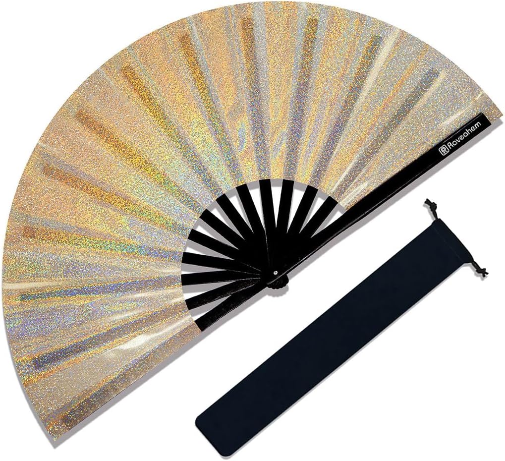 Large Rave Fan, Clack Folding Hand Fan with Premium Fabric, Thick Bamboo Frame for Men Women Gift for EDM, Festival, Club, Party, Dance, Decoration (Lridescent Beige, 13")