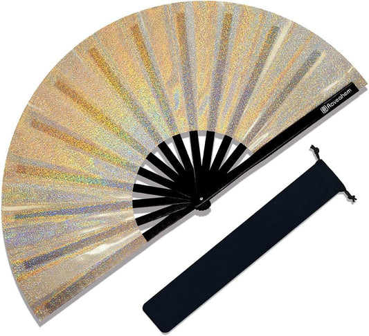 Large Rave Fan, Clack Folding Hand Fan with Premium Fabric, Thick Bamboo Frame for Men Women Gift for EDM, Festival, Club, Party, Dance, Decoration (Lridescent Beige, 13")