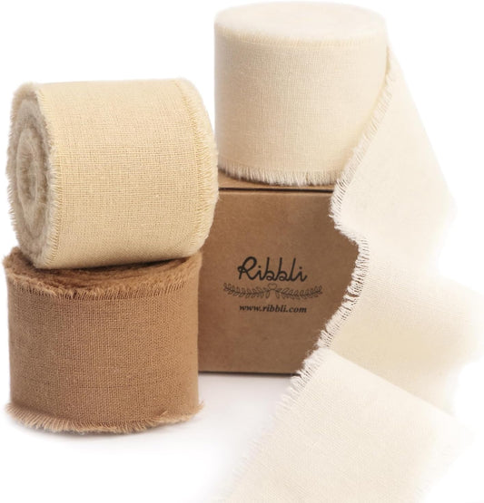 Ribbli 3 Rolls Beige Ribbon 1.5 Inch x 18Yards Ivory Nude Khaki Handmade Cotton Frayed Fringe Ribbons for Gift Wrapping Wedding Invites Bridal Bouquets Baby Shower DIY Crafts Home Decor