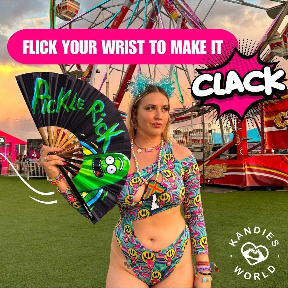 Kandies World UV Reactive Custom Festival Folding Hand Fan - Unique Designs, Made of Bamboo, Clacking Sound, Lightweight - Perfect Rave and Festival Accessory!
