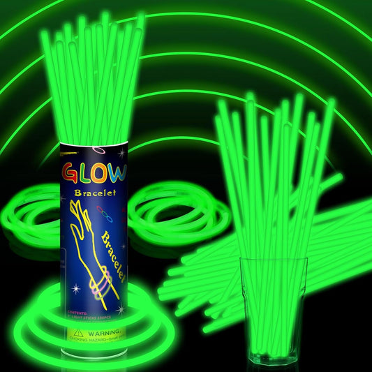 100 Pack 8” Green Glow Sticks Bulk with 100 Connectors Neon Glow In The Dark Party favors Supplies for Holiday Birthday Party Decoration (Green)
