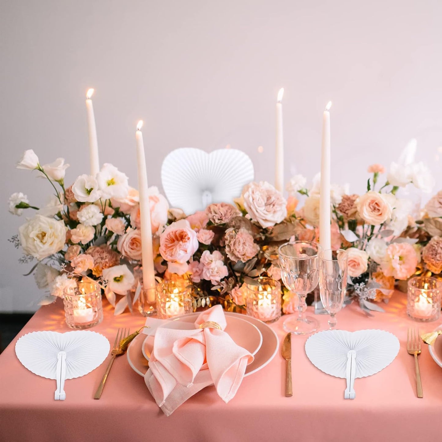 Aodaer 100 Pack Heart Shaped Folding Fans White Paper Fans Handheld Fans with Plastic Handles for Party, Wedding, Anniversary Decoration