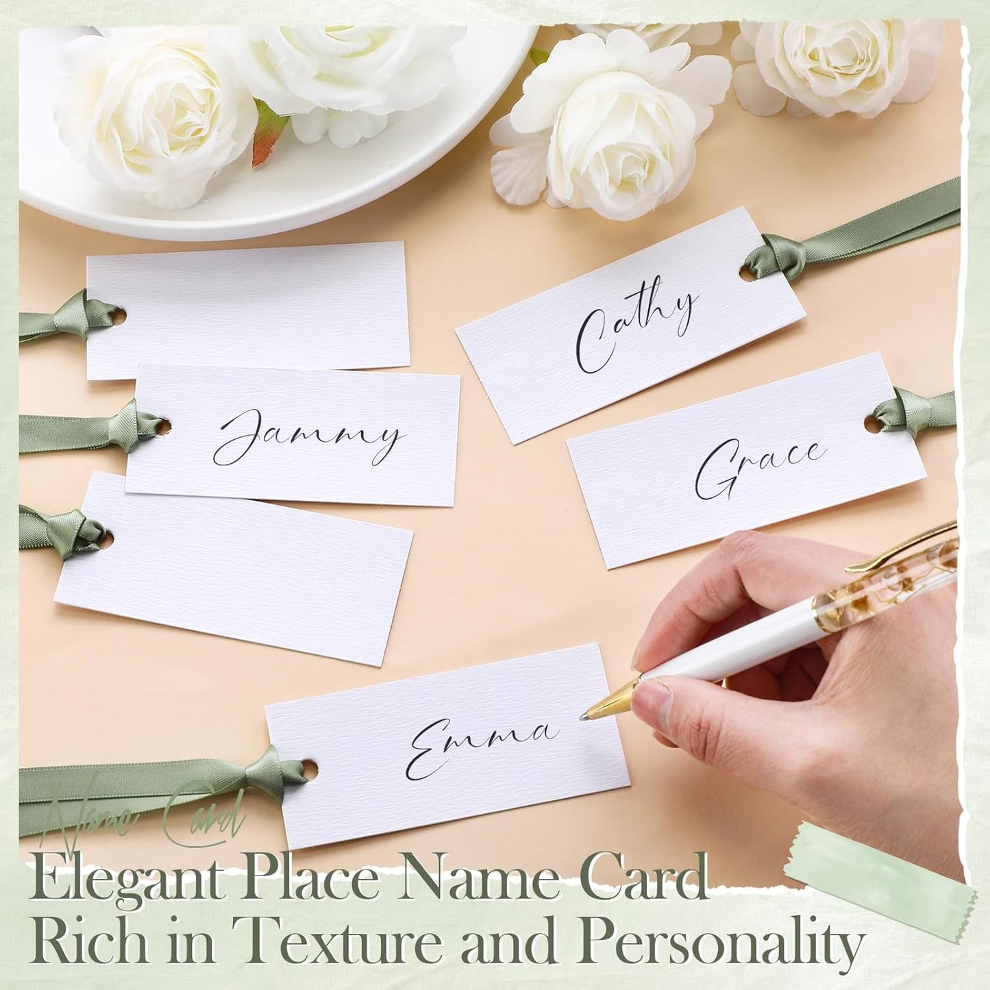 50 Pcs Name Place Cards for Table Setting Blank Wedding Place Cards with Satin Ribbon 1.57 x 3.54 Inch Hanging Gift Tags for Wedding Dinner Banquet Party Table Setting Supplies(Sage Green)