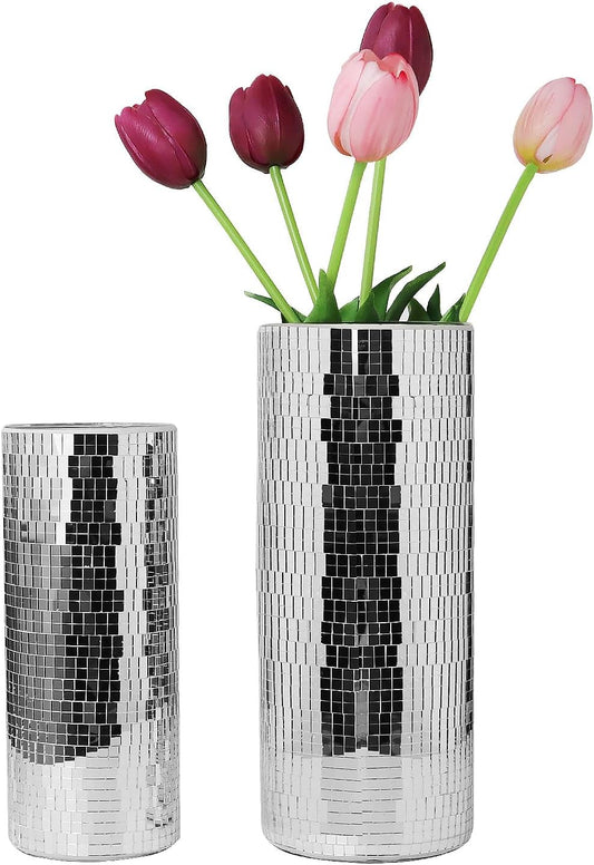 WDHODEC Disco Vase for Flowers 2 PCS Glass Mirror Vases for Living Room, Dining Room Centerpieces, Wedding Office Decorative Display Fresh Flowers, Candles, Or Seasonal Decorations