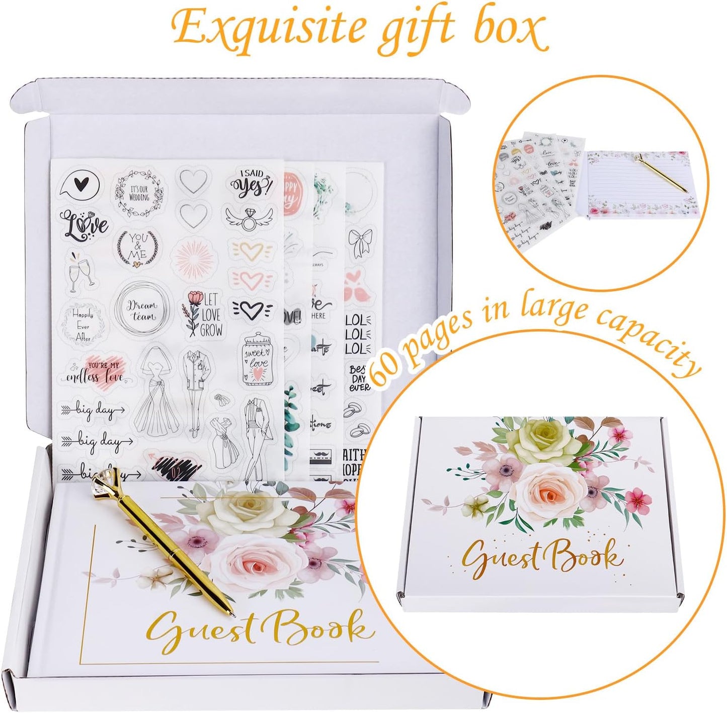 Wedding Guest Book,9x7''120 Page/60 Sheets Hardcover Personalized Wedding Guestbook Photo Album Sign in Book with Sign in Pen and Creative Stickers for Weddings,Baby Shower, Party Birthday,Graduation