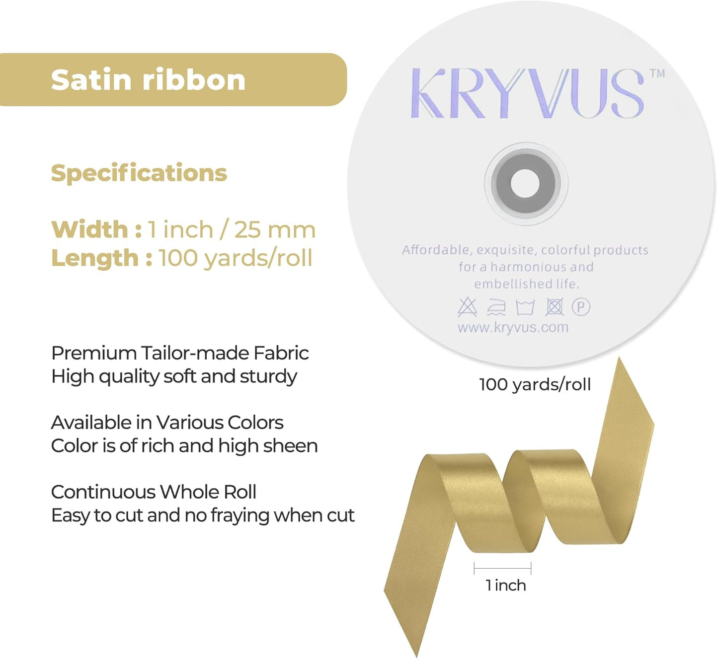 Light Gold Satin Ribbon 1 inch X Continuous 100 Yards, Single Face Polyester Ribbon Perfect for Gift Wrapping, Flower Bouquet, Wedding Decor, Crafts, Bow Making, Sewing and More