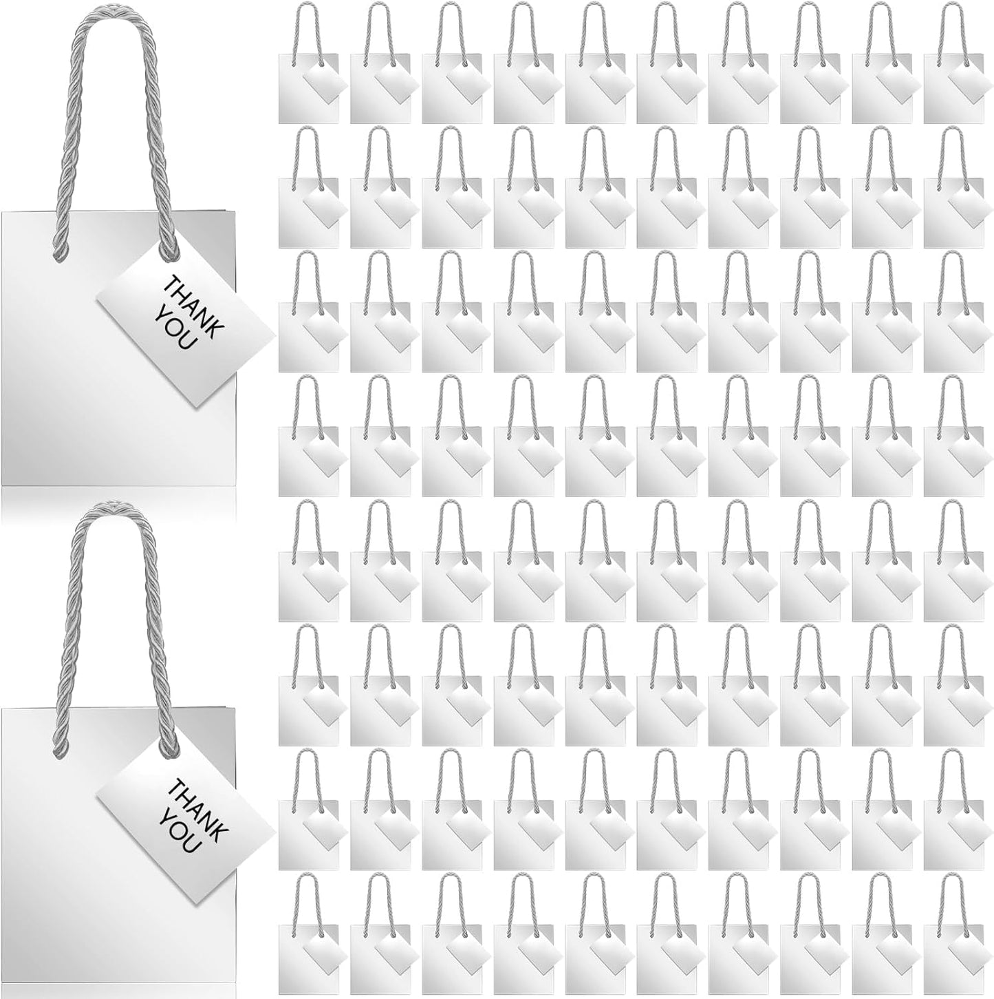 Sherr 100 Pack Mini Gift Bags Bulk, 4 x 2.75 x 4.5 Inches Paper Bags with Tags, Extra Small Paper Gift Boxes with Handles for Birthday, Party Favors, Weddings, Small Business(Silver)
