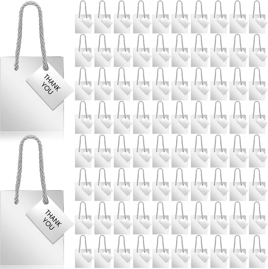 Sherr 100 Pack Mini Gift Bags Bulk, 4 x 2.75 x 4.5 Inches Paper Bags with Tags, Extra Small Paper Gift Boxes with Handles for Birthday, Party Favors, Weddings, Small Business(Silver)