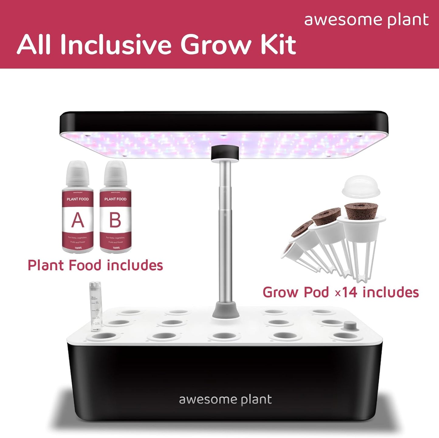 14Pro Hydroponics Growing System Kit (14 Pods), Large Indoor Herb Garden Kit with 5L Watertank, LED Grow Light, Perfect Hydroponic Gardening Gifts, Adjustable Height Up to 18.7", Black