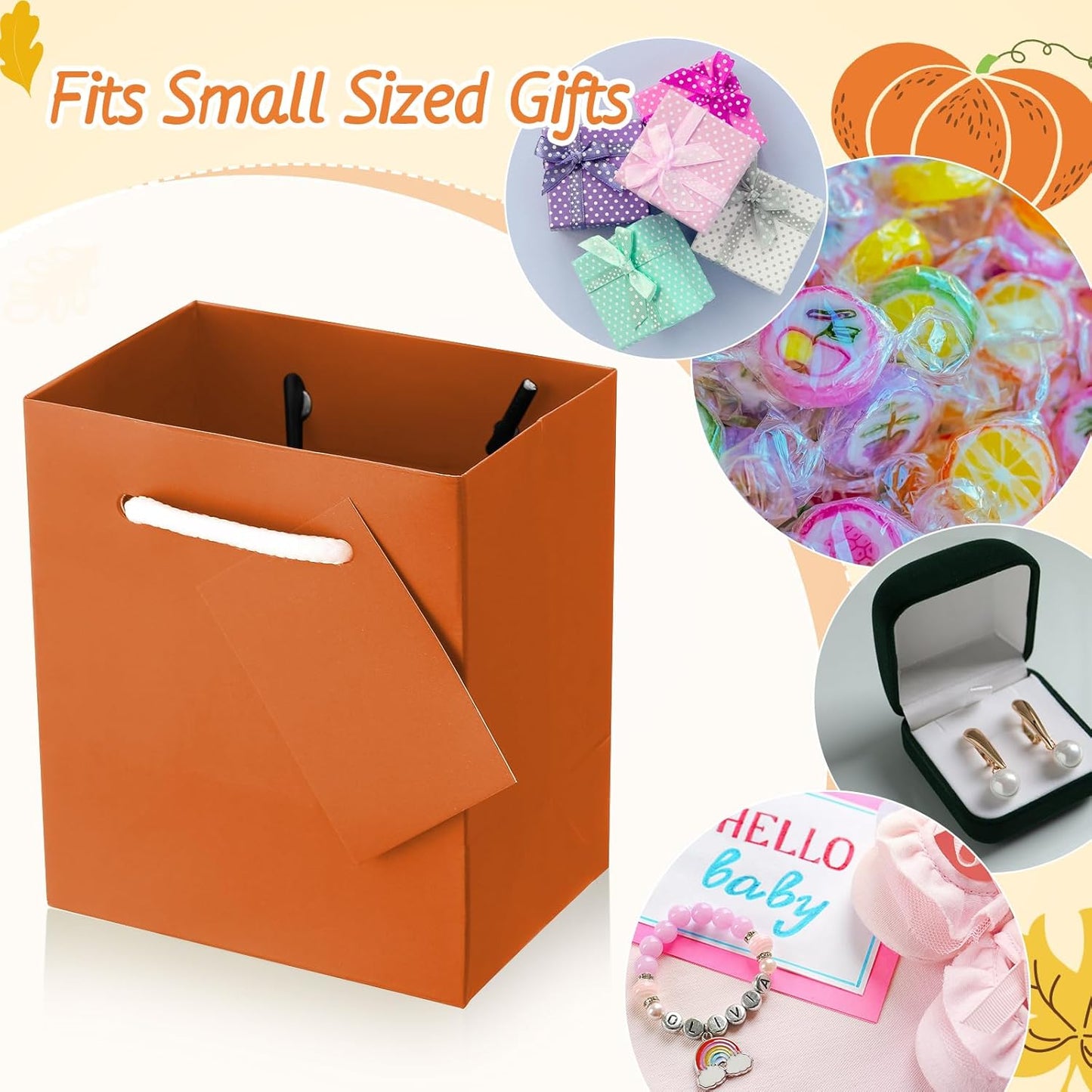 Sherr 100 Pcs Mini Gift Bags Bulk, 4 x 2.75 x 4.5 Inches Paper Bags with Tags, Extra Small Paper Gift Boxes with Handles for Birthday, Party Favors, Weddings, Small Business (Fall Color)