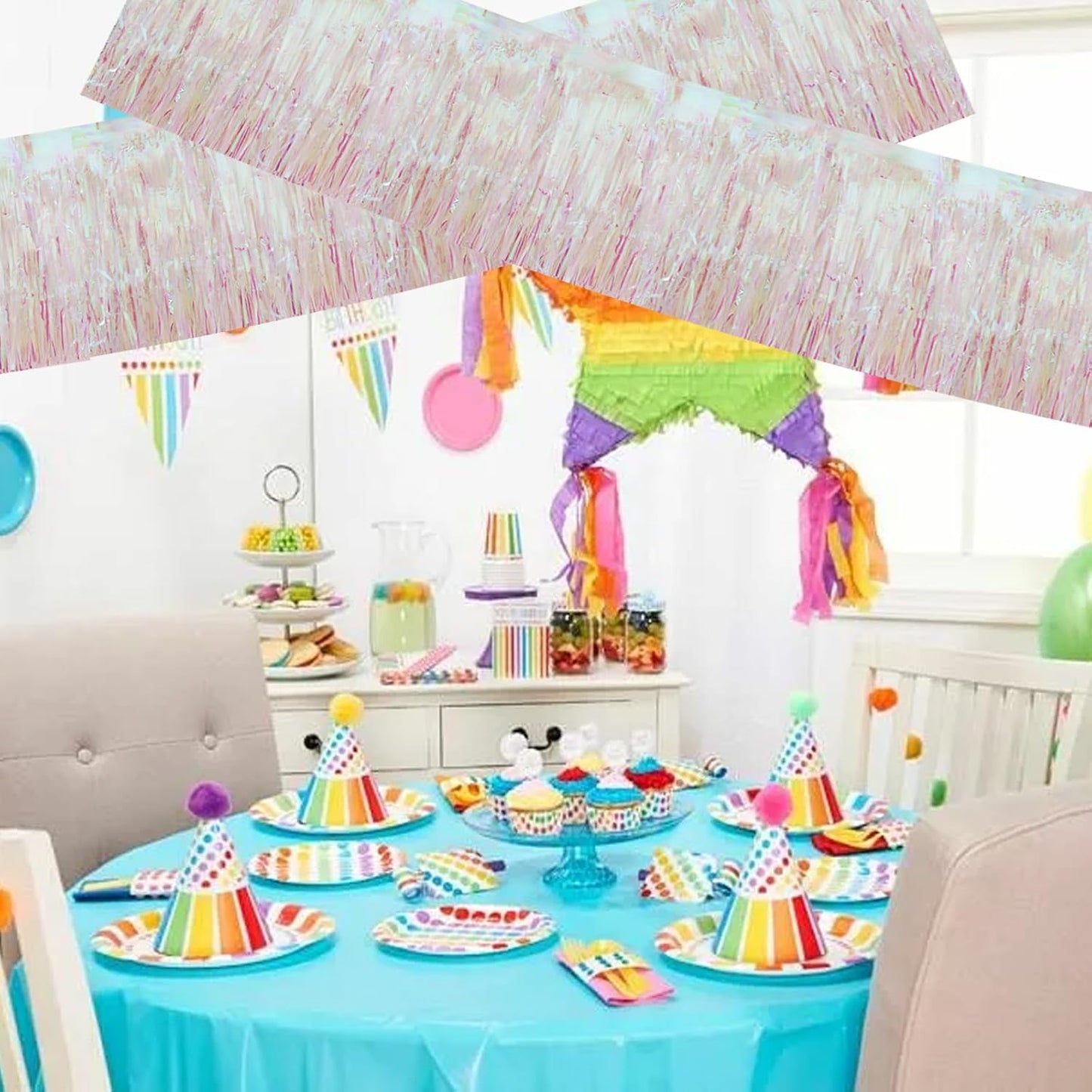 BEISHIDA 3 Packs Metallic Foil Fringe Garland Shining Transparent Wall Hanging Tinsel Fringe Banners for Car Floats Bridal Shower Wedding Birthday Easter Graduation Holiday Party Decoration(30 Feet)