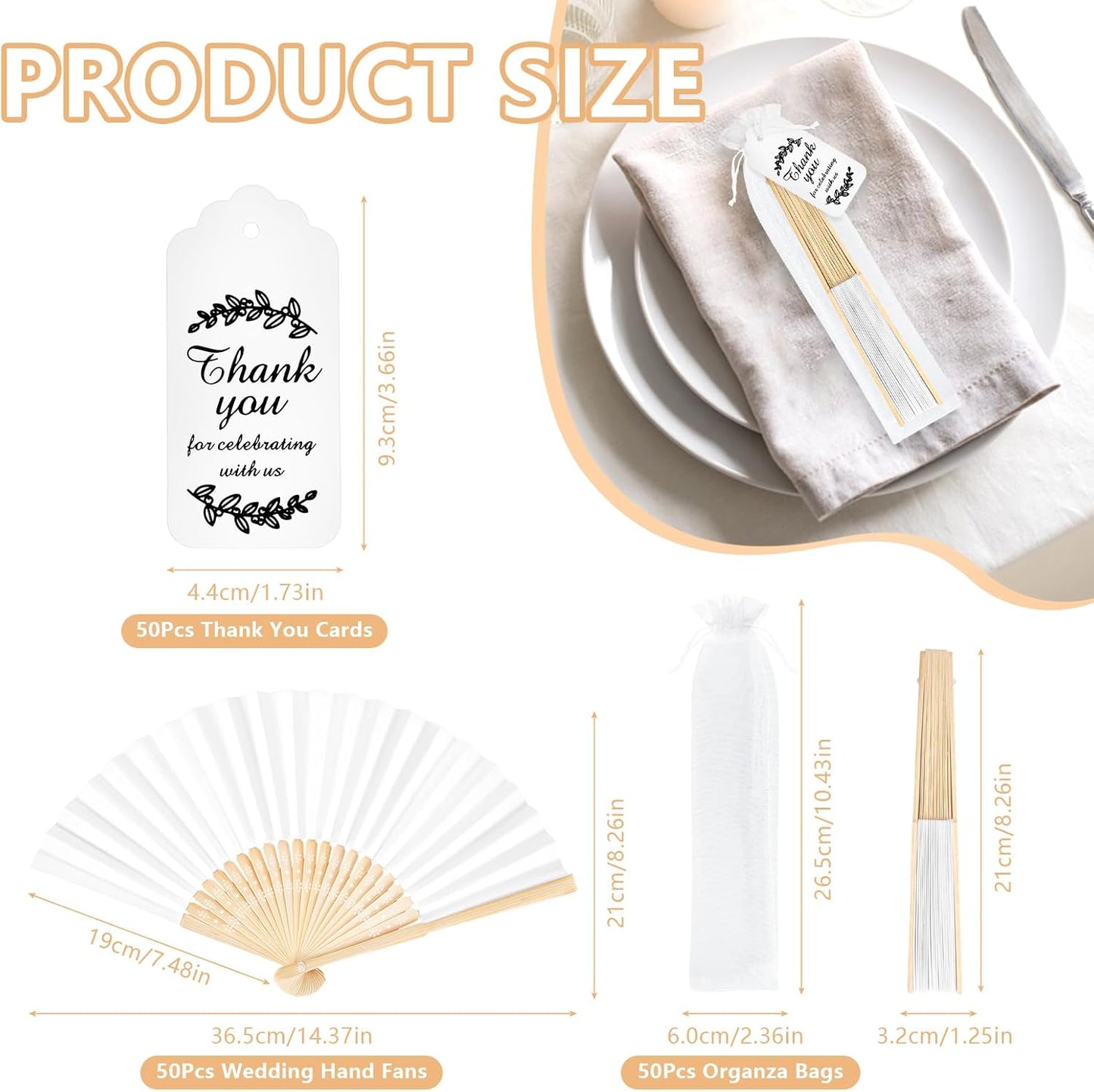 50Set Wedding Hand Fans Party Favors White Paper Folding Handheld Fans Bulk, DIY Bamboo Fans with Thank Tag Organza Bag for Guests Bridal Dancing Props Church Decoation