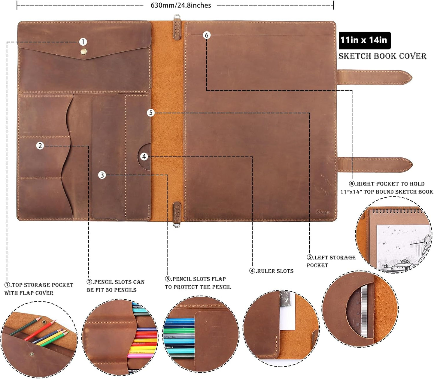 Robrasim Handmade Leather Sketchbook Cover, Artist Sketch Pad Holder for 11"X14" Top Spiral Bound Sketchbook, Drawing Book Pencil Case, Journal Portfolio with Shoulder Strap, Artist Gifts,Brown