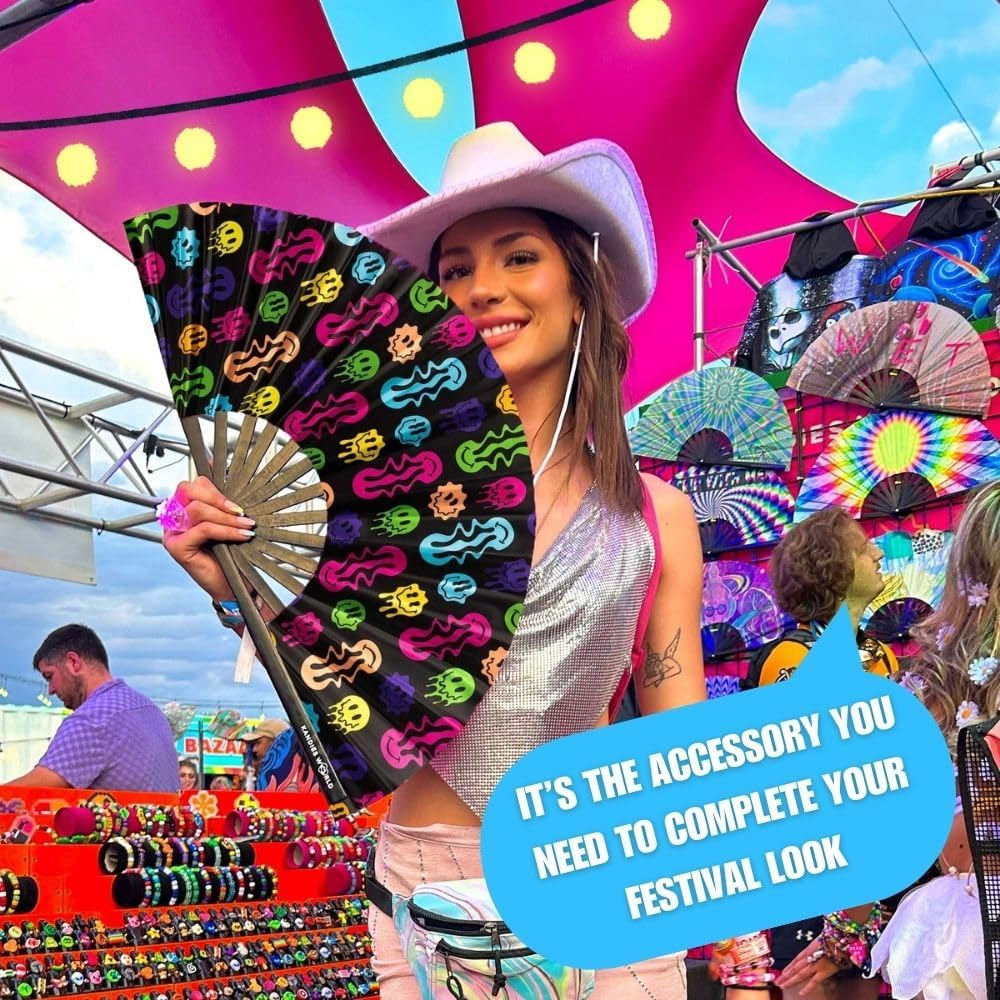 Kandies World UV Reactive Custom Festival Folding Hand Fan - Unique Designs, Made of Bamboo, Clacking Sound, Lightweight - Perfect Rave and Festival Accessory!