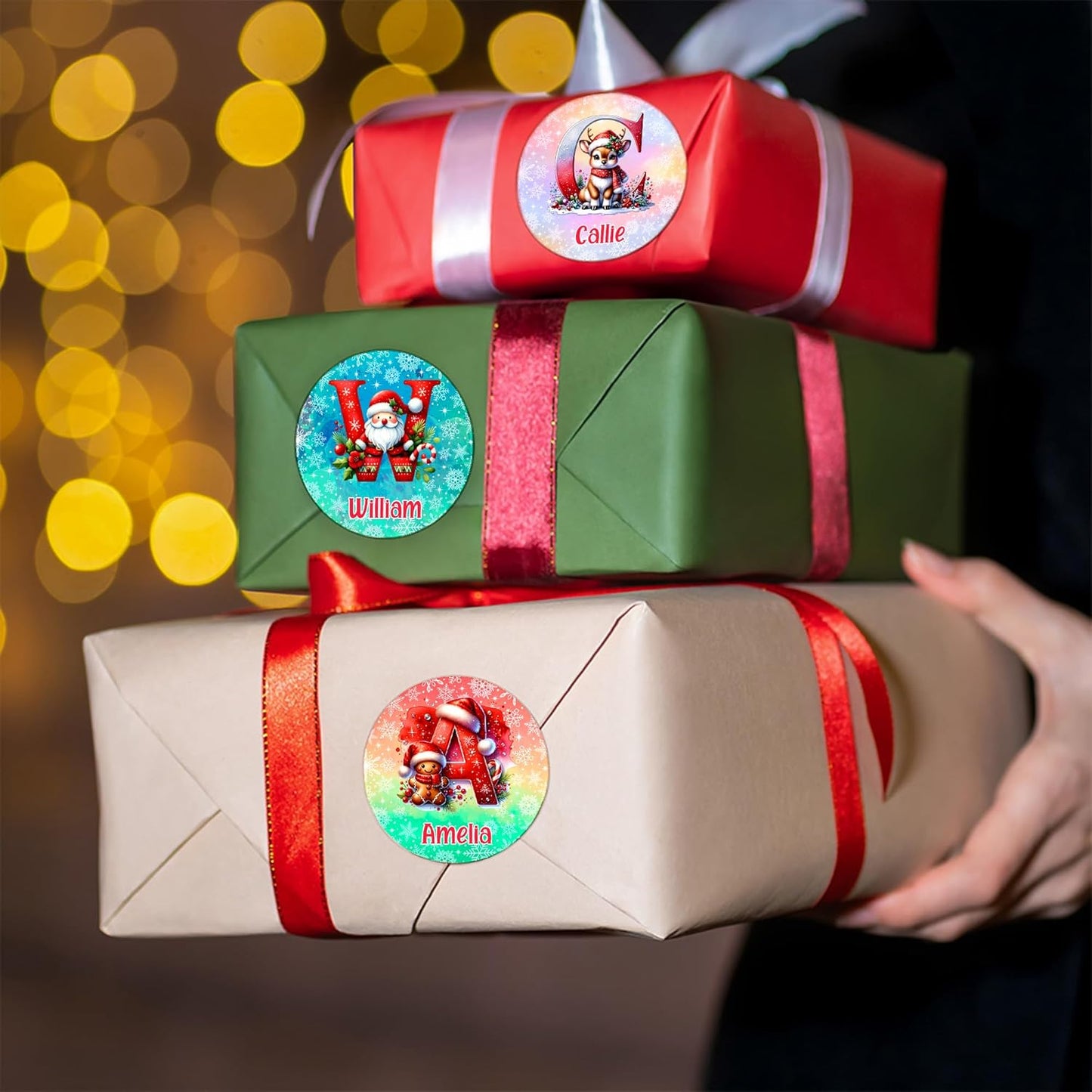 Personalized Christmas Stickers - Custom Name Waterproof Christmas Gift Tags for Gift Box Xmas Holiday Decorations Party Favors - 30 Stickers (Watercolor)