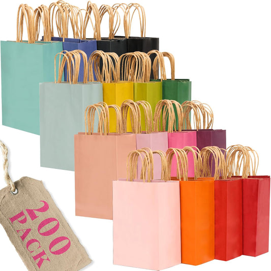 qiqee 200Pcs Paper Gift Bags with Handles - 10.6"x8.3"x4.3" Medium Party Favor Bags Multiple Uses - 16 Solid Colors