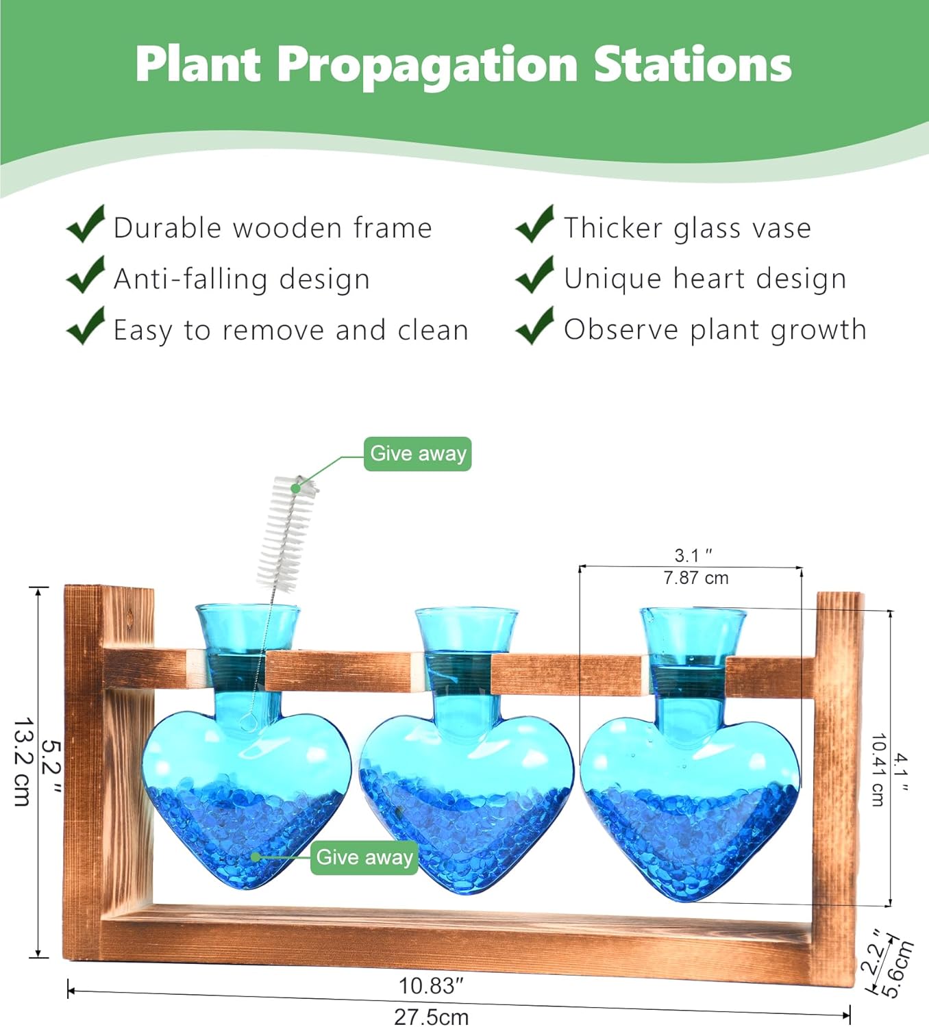 Nacome Plant Terrarium for Office Decor: Birthday Gifts for Plant Lovers Women Mom Wife - Wooden Stand Tabletop Planter 3 Bulb Glass Vase Heart Shaped for Hydroponics Indoor Home