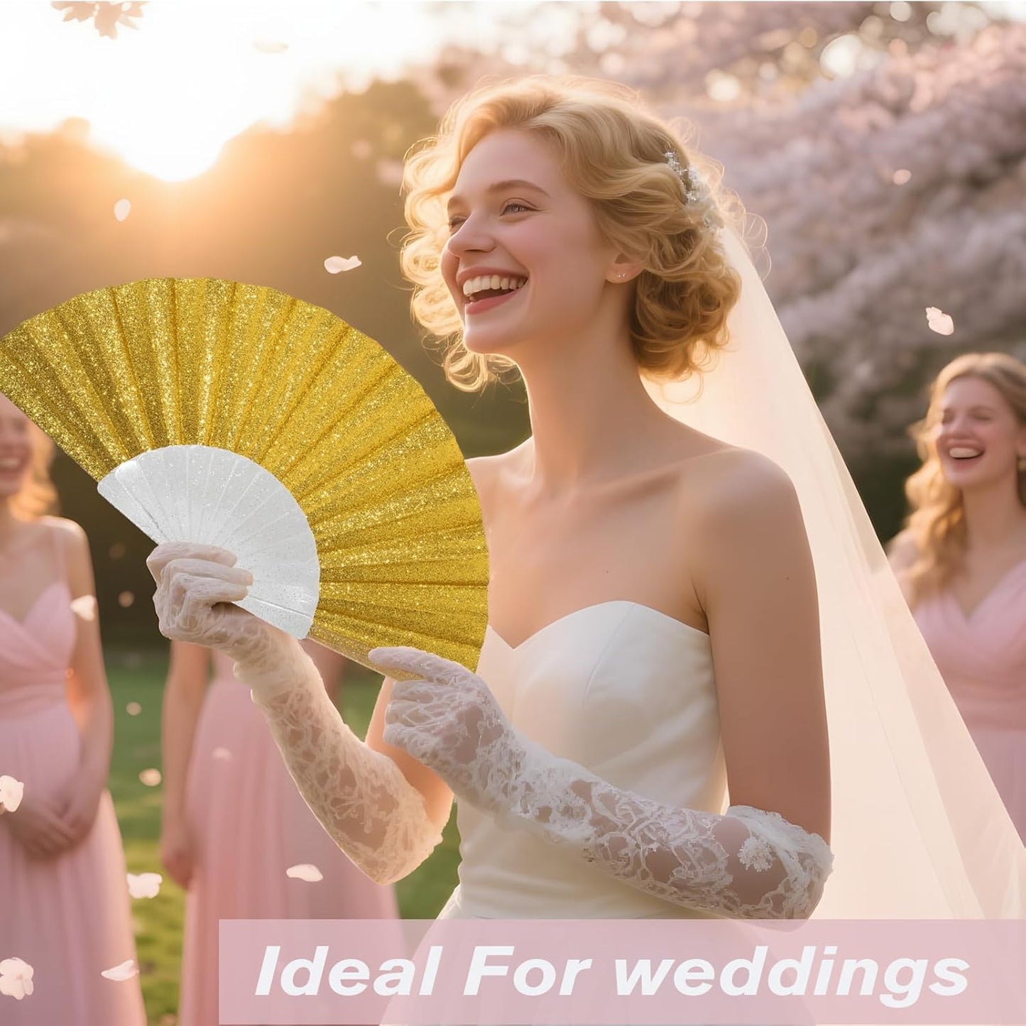 12 Pack Handheld Fan,Folding Hand Glitter Fan with Shining Transparent Fan Rib – Ideal for Wedding, Church, Festival, Dance, Tea Party, Club, and EDM Accessories, Yellow