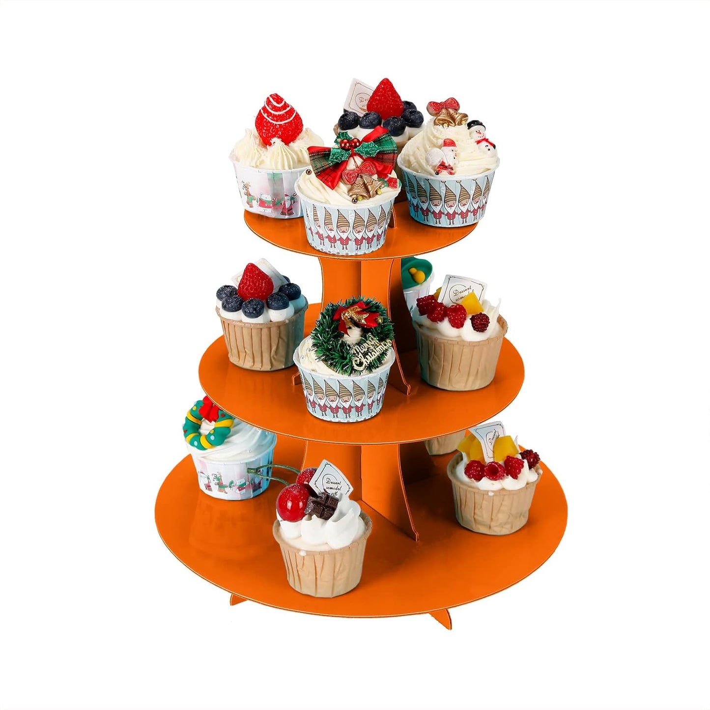 2Pcs 3-Tier Cupcake Stand, Cake Stand holder, Tiered DIY Cupcake Stand Tower for Dessert Table Displays, Birthday Theme Party Favors Decoration, Floral Tea Party, 12" W x 12.8" H, Orange