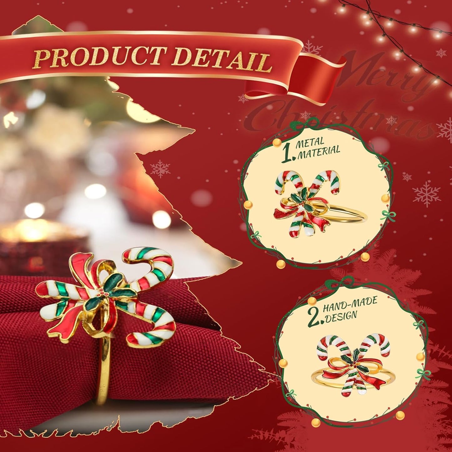 KPOSIYA 12PCS Christmas Napkin Rings Set of 6 and 6pcs Red Napkins Cloth, Metal Xmas Napkin Ring Holders for Winter Christmas Holiday Dinner Party Table Decoration