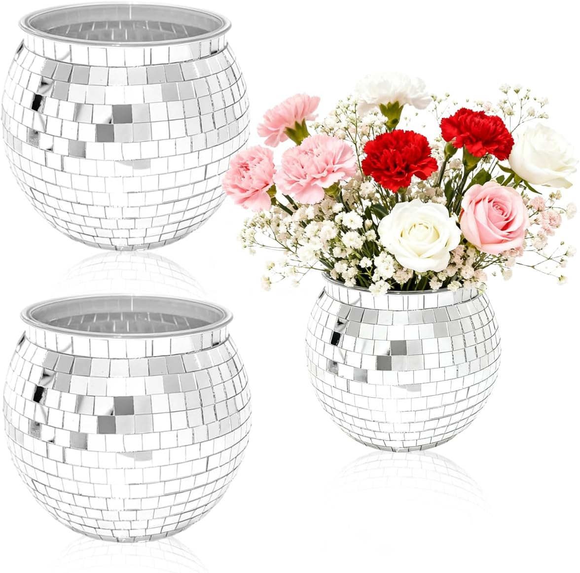 2 Pcs Disco Ball Vases,6" X 6.7" Disco Ball Centerpieces Decor,Silver Mirror Plastic Vase Disco Ball Planter for Wedding,Birthday,Office Table Decorations